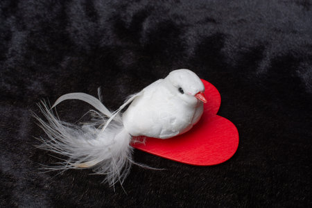 Fake bird holding little heart icon on dark color background