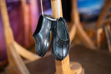 Set of traditional hand made leather shoes in a bazaarの写真素材