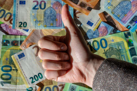 Background of euro bills. Fragment part of euro moneyの写真素材