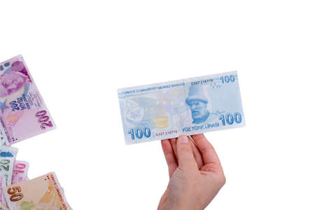 Turkish Lira banknotes isolated on white backgroundの写真素材