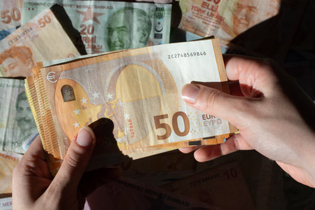 Background of euro bills. Fragment part of euro moneyの写真素材