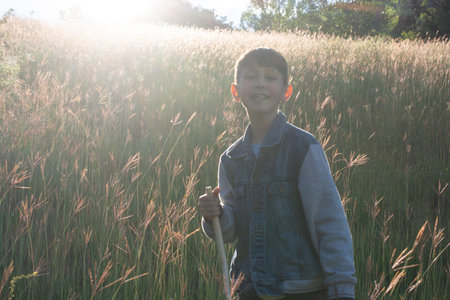 Little boy hiking in natureの写真素材
