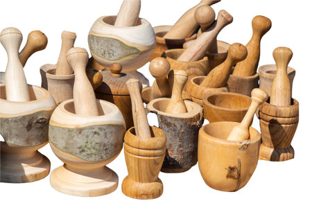 Wooden mortar isolated on white backgroundの写真素材