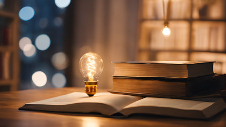 Thinking and creative concept, Light bulb on the Book. Searching for new ideas. AI generated imageの素材