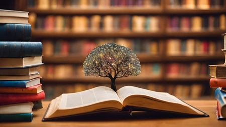 Book or tree of knowledge educational concept.  Tree growing from an open book. Conceptual image with dry tree growing from book. AI generated imageの素材