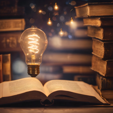 Thinking and creative concept, Light bulb on the Book. Searching for new ideas. AI generated imageの素材