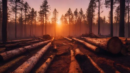 Deforestation concept. Trees cut down in forest. Environmental damage, global warming and climate change concept.  AI generated imageの素材