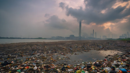 Water pollution an environmental disaster concept. Environmental damage. Dirty polluted water with garbages. Environment pollution concept. AI generated imageの素材
