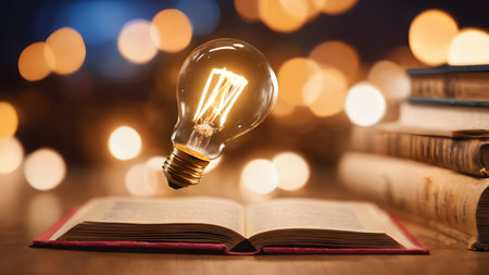 Thinking and creative concept, Light bulb on the Book. Searching for new ideas. AI generated imageの素材