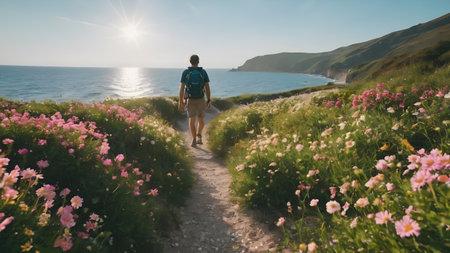 Artifical Intelligence generated vivid colorful landscape scenery with a path.  Floral background in nature on the mountains.  AI generated imageの素材