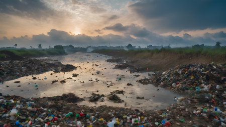 Water pollution an environmental disaster concept. Environmental damage. Dirty polluted water with garbages. Environment pollution concept. AI generated imageの素材