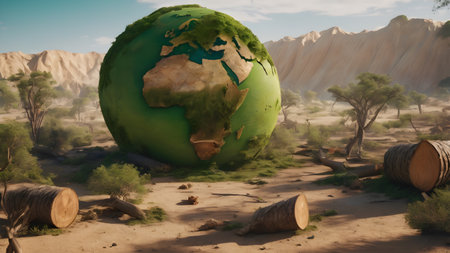 Deforestation concept. Trees cut down in forest. Environmental damage, global warming and climate change concept.  AI generated imageの素材