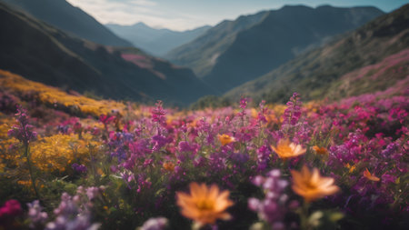 Artifical Intelligence generated vivid colorful landscape scenery. Floral background in nature on the mountains.  AI generated imageの素材