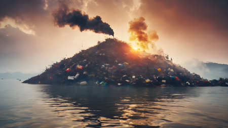 Water pollution an environmental disaster concept. Environmental damage. Dirty polluted water with garbages of heap of litter. Environment pollution concept. AI generated imageの素材