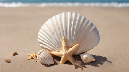 Summer concept with sandy beach, shells. Sea shells with sand as summer background.  AI generated image, aiの素材