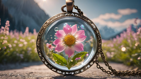 Beautiful pendant with flowers in resin. Flower in crystal clear resin pendant necklace.  AI generated image, aiの素材