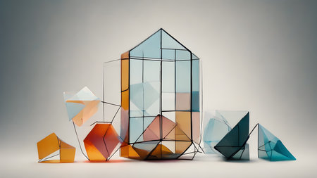 Abstract Modern geometric 3D shapes Background.  Geometric shapes  geometric shape with mesh net dots and connections.  AI generated imageの素材