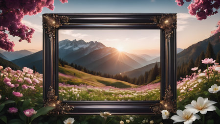 Blank picture frame in nature with a landscape view.  Trendy blank  frame template for art, photos and painting.  AI generated image, aiの素材