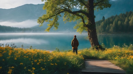 Hiker on trek with backpack living healthy active lifestyle. Hiker walking on hike in mountain nature landscape . AI generated image, aiの素材