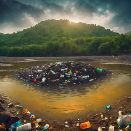Water pollution an environmental disaster concept. Environmental damage. Dirty polluted water with garbages of heap of litter. Environment pollution concept. AI generated imageの素材