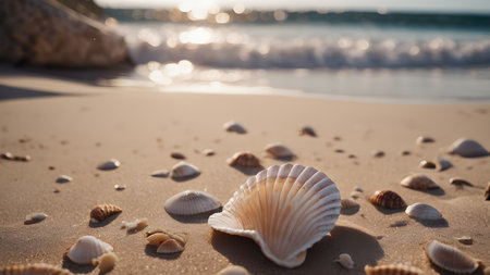 Summer concept with sandy beach, shells. Sea shells with sand as summer background.  AI generated image, aiの素材