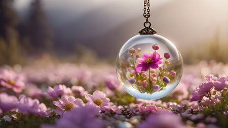 Beautiful pendant with flowers in resin. Flower in crystal clear resin pendant necklace.  AI generated image, aiの素材