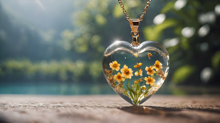 Beautiful heart shaped pendant with flowers in resin. Flower in crystal clear resin pendant necklace.  AI generated image, aiの素材