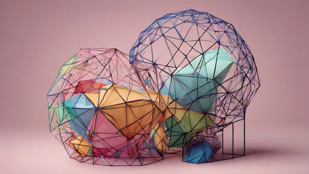 Abstract Modern geometric 3D shapes Background.  Geometric shapes  geometric shape with mesh net dots and connections.  AI generated imageの素材