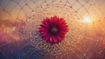 Abstract polygonal flower wireframe with mesh net dots lines and connections . Futuristic creative polygonal flower as science and beauty innovation concept..  AI generated image, aiの素材