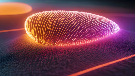 AI generated image, ai. Fingerprint scan. Biometric fingerprints identification, security system thumb lines authentication.  AI generated image, aiの素材