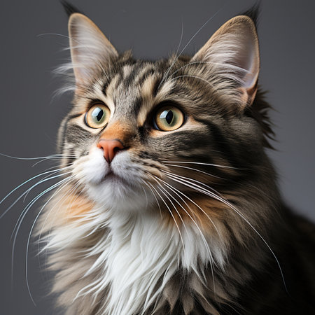 Portrait of a Maine Coon cat in front of gray backgroundの素材