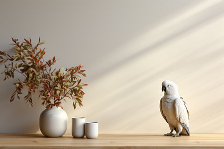 White parrot on wooden table against white wall. 3d render, mockupの素材