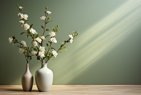 White jasmine flowers in vase on wooden table and green wall background, mockupの素材