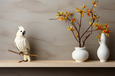 White parrot sitting on a wooden shelf with a vase of flowers, mockupの素材