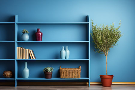 Blue bookshelf with plants and vases, 3d render, mockupの素材