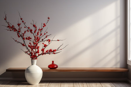 Vase with red flowers on the shelf. 3d rendering. mockupの素材