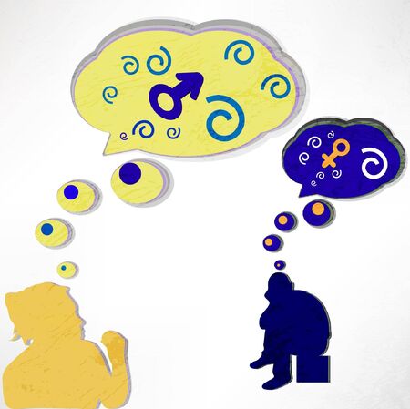 a woman thinks about a man and a man thinks about it. Love, thoughts and bubbles. the vector.のイラスト素材