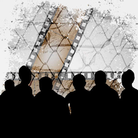 People watching the film in a cinema. Retro vector background.の写真素材