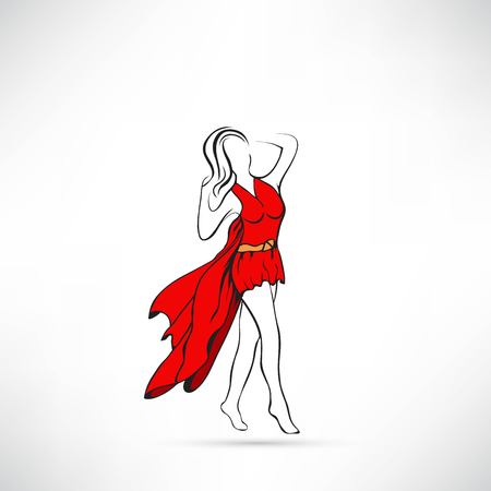 Beautiful woman model walking on the runway, shows the red dressのイラスト素材