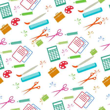 Vector seamless pattern in cartoon style with school objects. Conceptual backgroundのイラスト素材