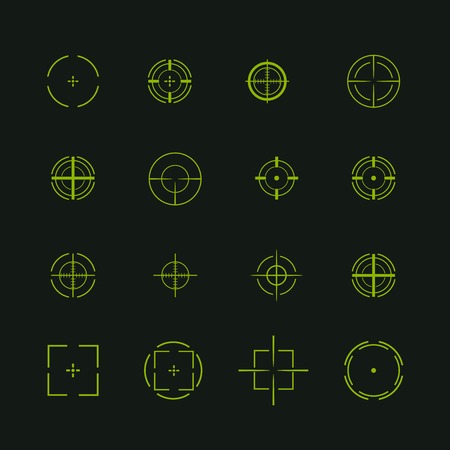 Set of different flat vector cross hair sign icons. Line simple symbols. Target aim symbol. Circles and rounded squares buttons.のイラスト素材
