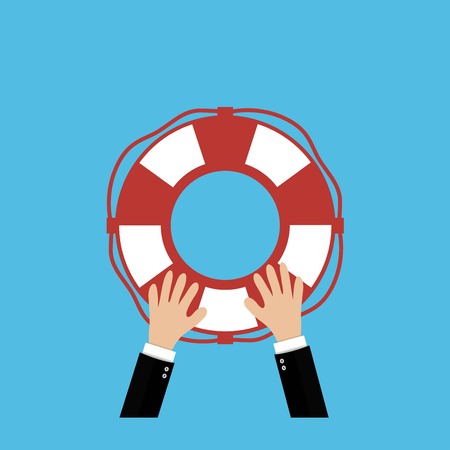 Helping Business to survive. Drowning businessman lifebuoy from anotherのイラスト素材