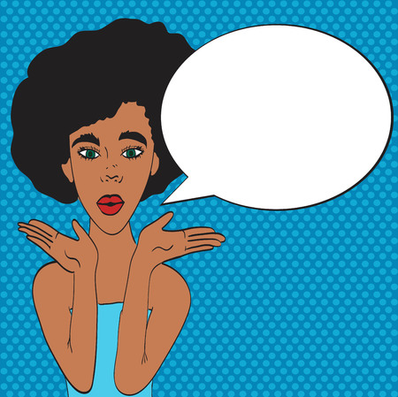 Pop art young woman's face with an open mouth and big bulging eyes. black woman surprised retro woman in comic style. Vector illustration.のイラスト素材