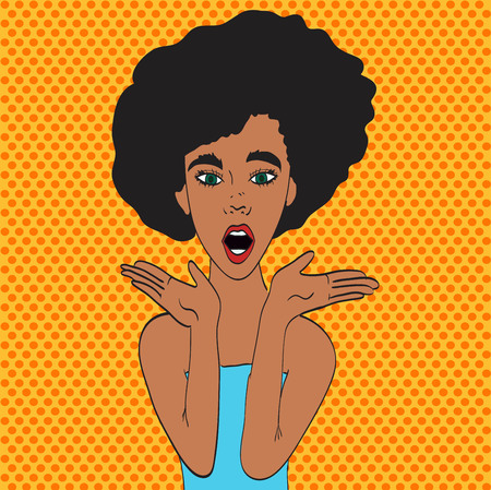Pop art young woman's face with an open mouth and big bulging eyes. black woman surprised retro woman in comic style. Vector illustration.のイラスト素材