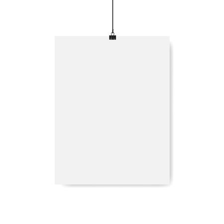 Poster on binder clips on grunge grey wall. Realistic vector illustration. Modern trendy interior. Empty mock up for your illustrations, drawings, logos, posters or quotes.のイラスト素材