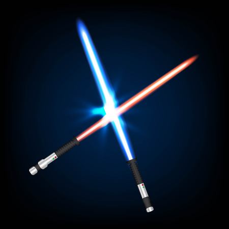 Two crossed light swords on night sky background. Vector illustration.のイラスト素材