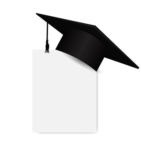 Graduation cap or mortar board on paper corner. Vector education design element isolated on white backgroundのイラスト素材