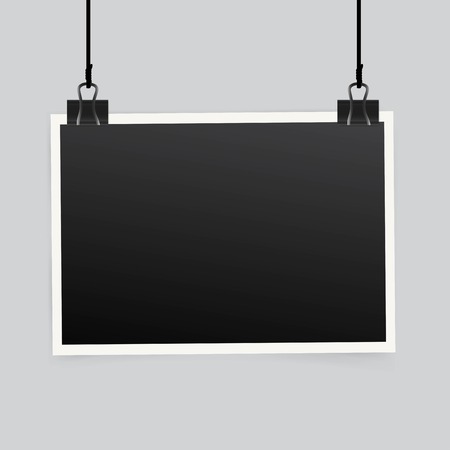 Blank photo frame set hanging on a clip. Retro vintage style. Realistic detailed photo icon design template. Vector solated on transparent backgroundのイラスト素材