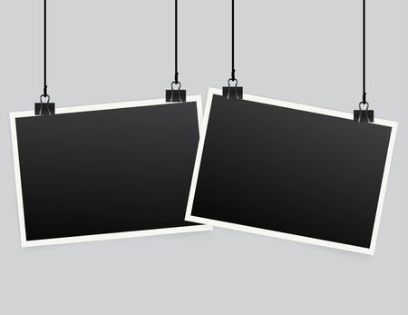 Blank photo frame set hanging on a clip. Retro vintage style. Realistic detailed photo icon design template.のイラスト素材