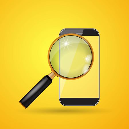 Vector smartphone and magnifying glass on yellow background.のイラスト素材